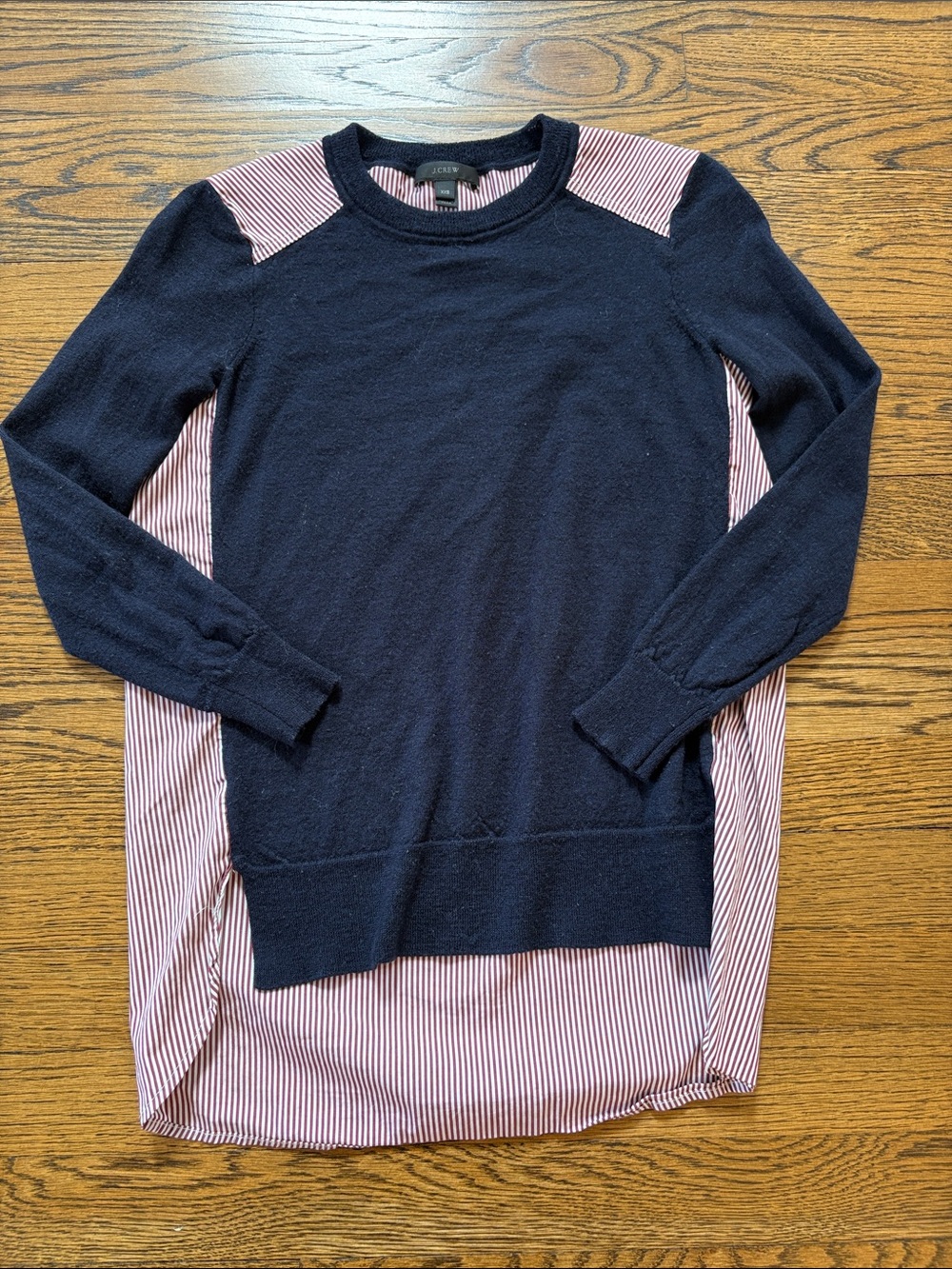 J. Crew Navy Knit Sweater with Pink-Striped Back Panel, merino wool, XXS